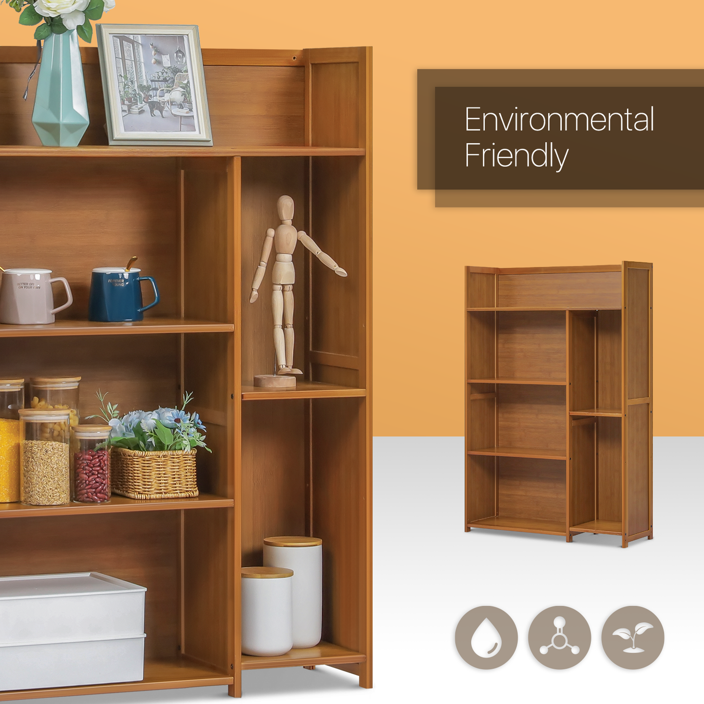 Multi-Functional Storage Organizer Shelf - Open Top - with Compartment Panel - 4 Tier - Brown