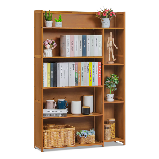Multi-Functional Storage Organizer Shelf - Open Top - with Compartment Panel - 5 Tier - Brown
