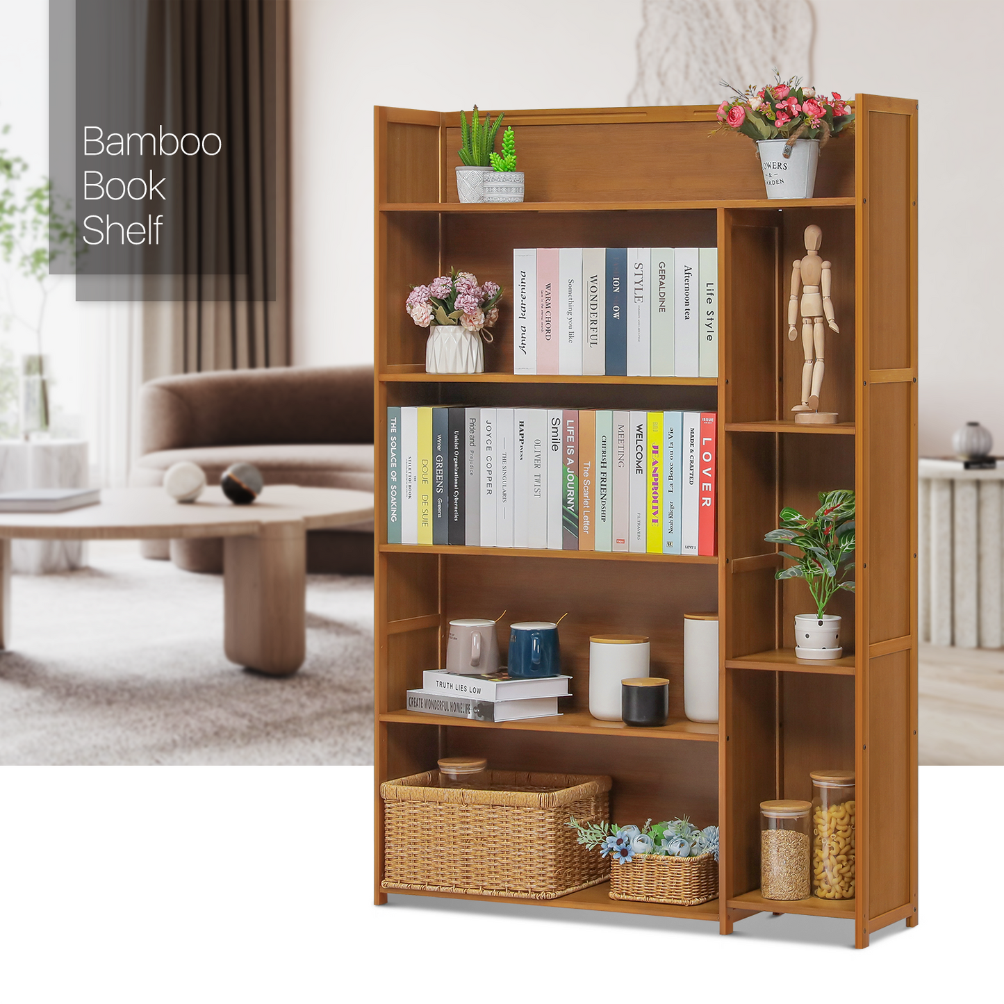 Multi-Functional Storage Organizer Shelf - Open Top - with Compartment Panel - 5 Tier - Brown