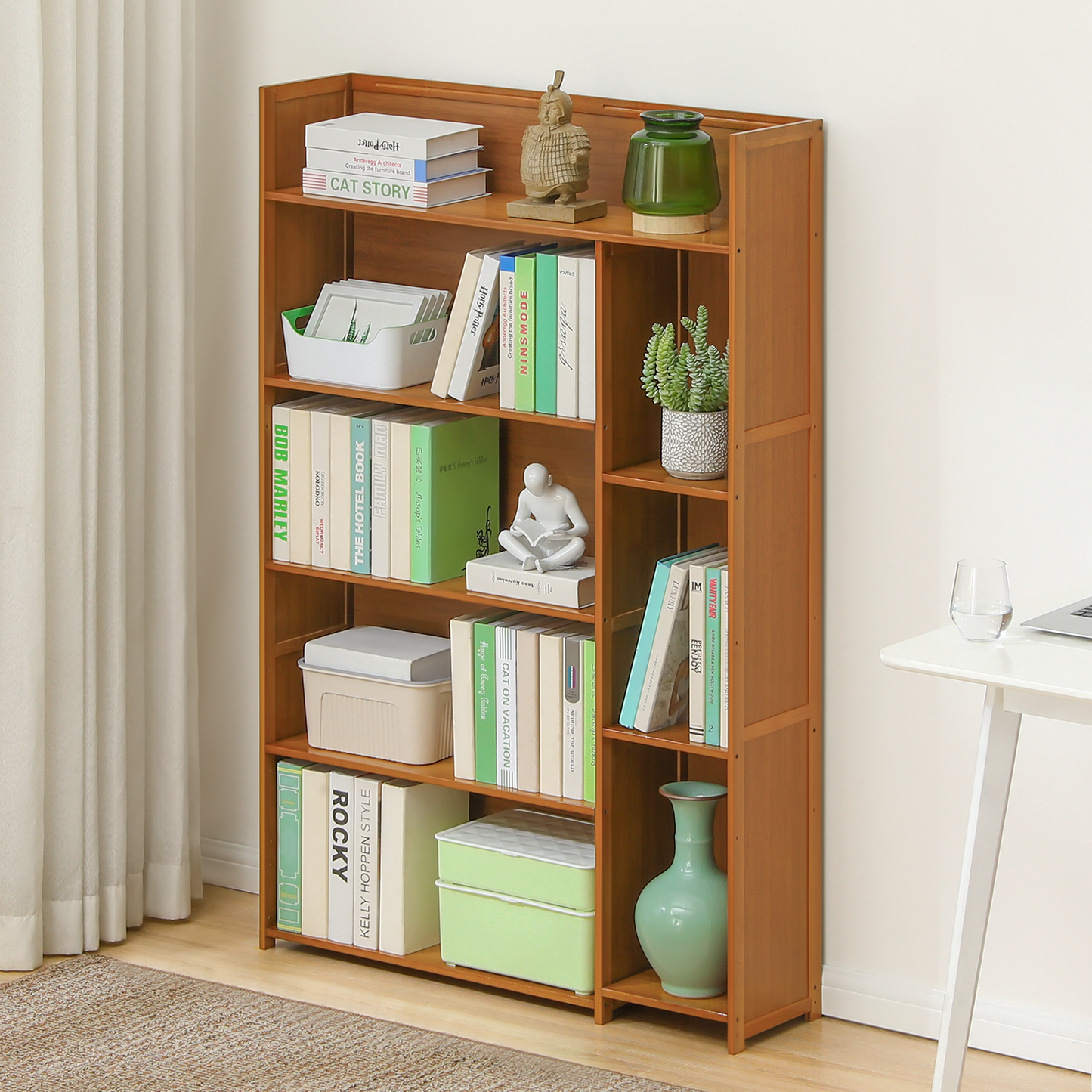 Multi-Functional Storage Organizer Shelf - Open Top - with Compartment Panel - 5 Tier - Brown