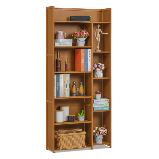 Multi-Functional Storage Organizer Shelf - Open Top - with Compartment Panel - 6 Tier - Brown