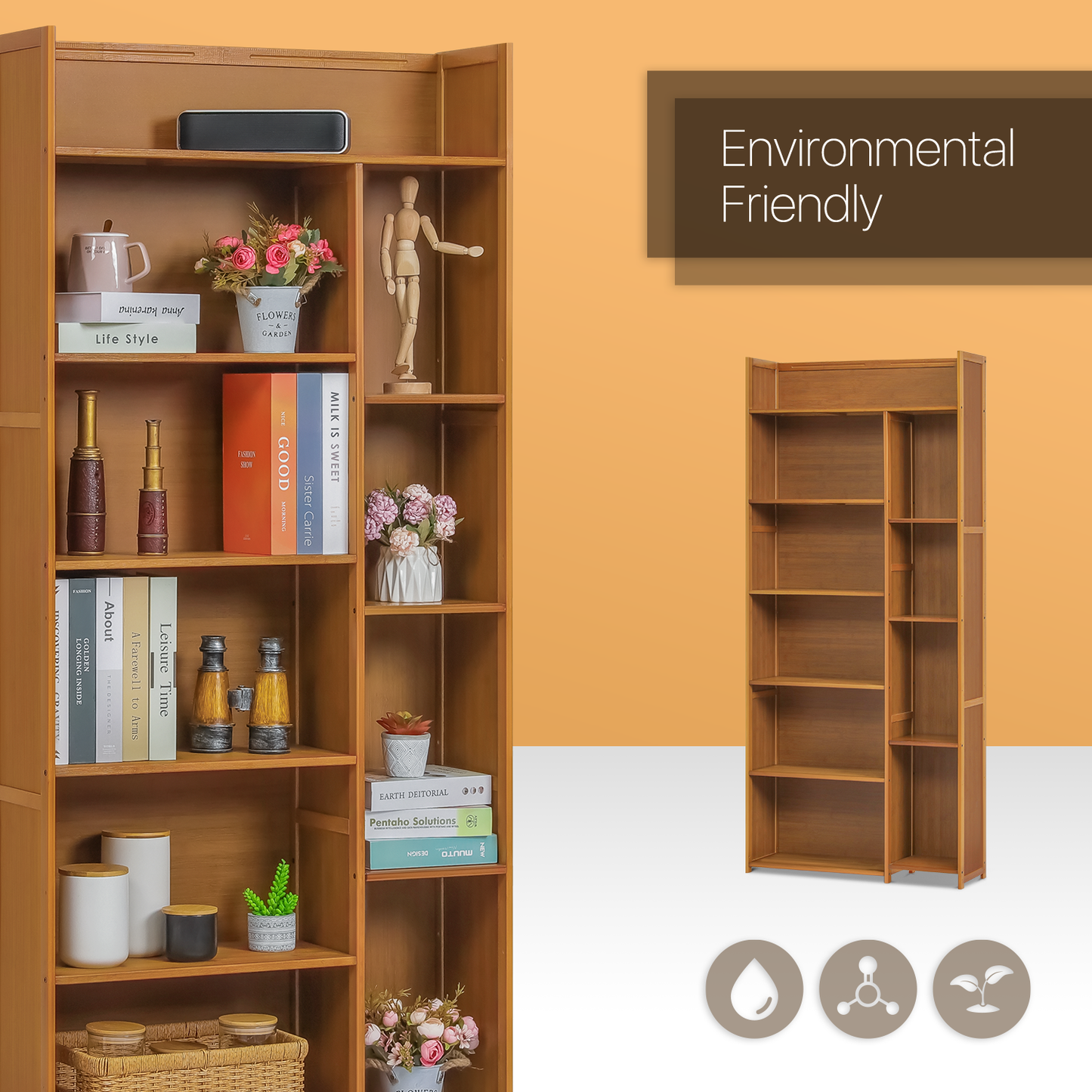 Multi-Functional Storage Organizer Shelf - Open Top - with Compartment Panel - 6 Tier - Brown