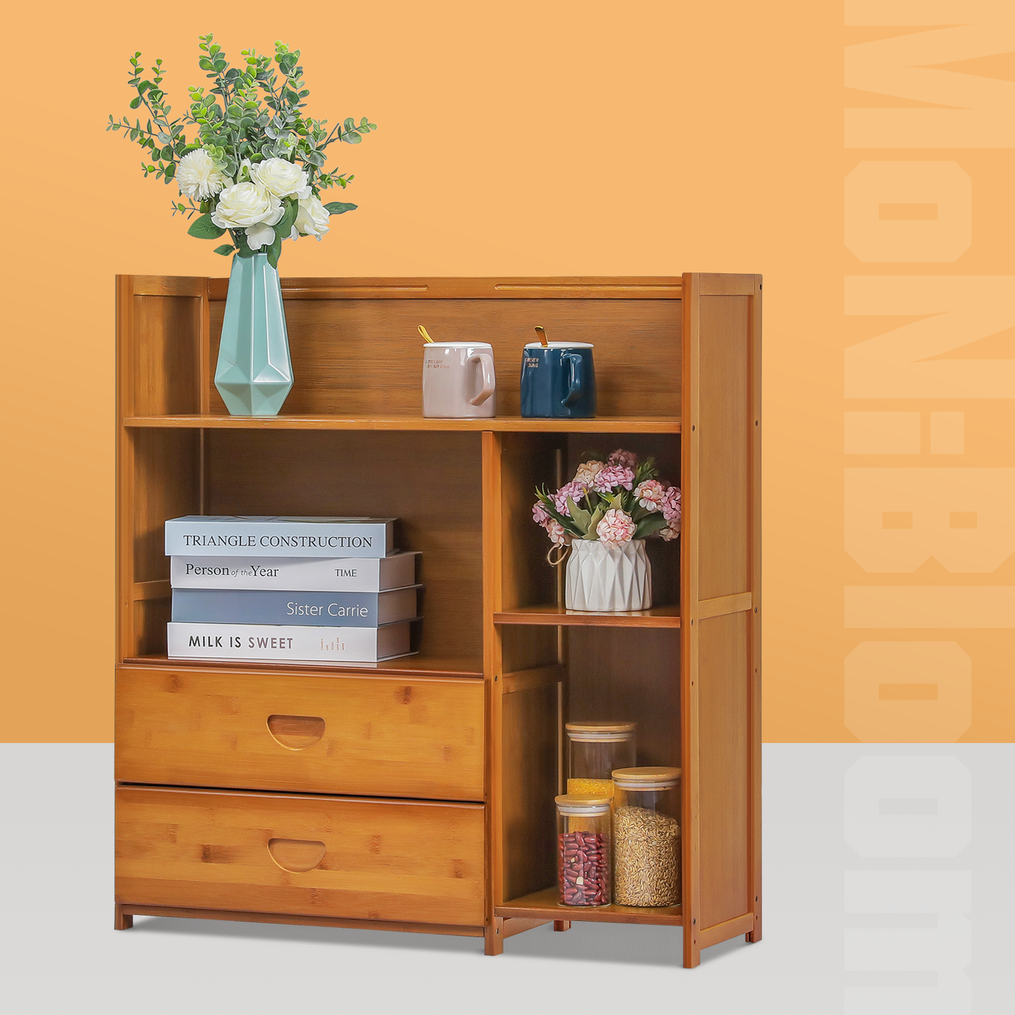 Multi-Functional Storage Organizer Shelf - Open Top - with Compartment Panel & Drawer - 3 Tier - Brown