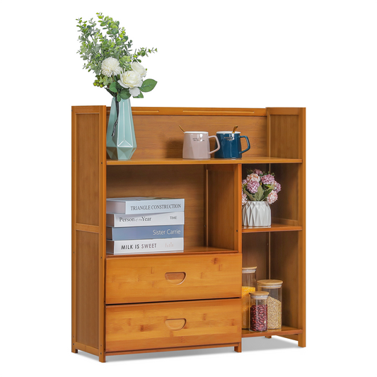 Multi-Functional Storage Organizer Shelf - Open Top - with Compartment Panel & Drawer - 3 Tier - Brown