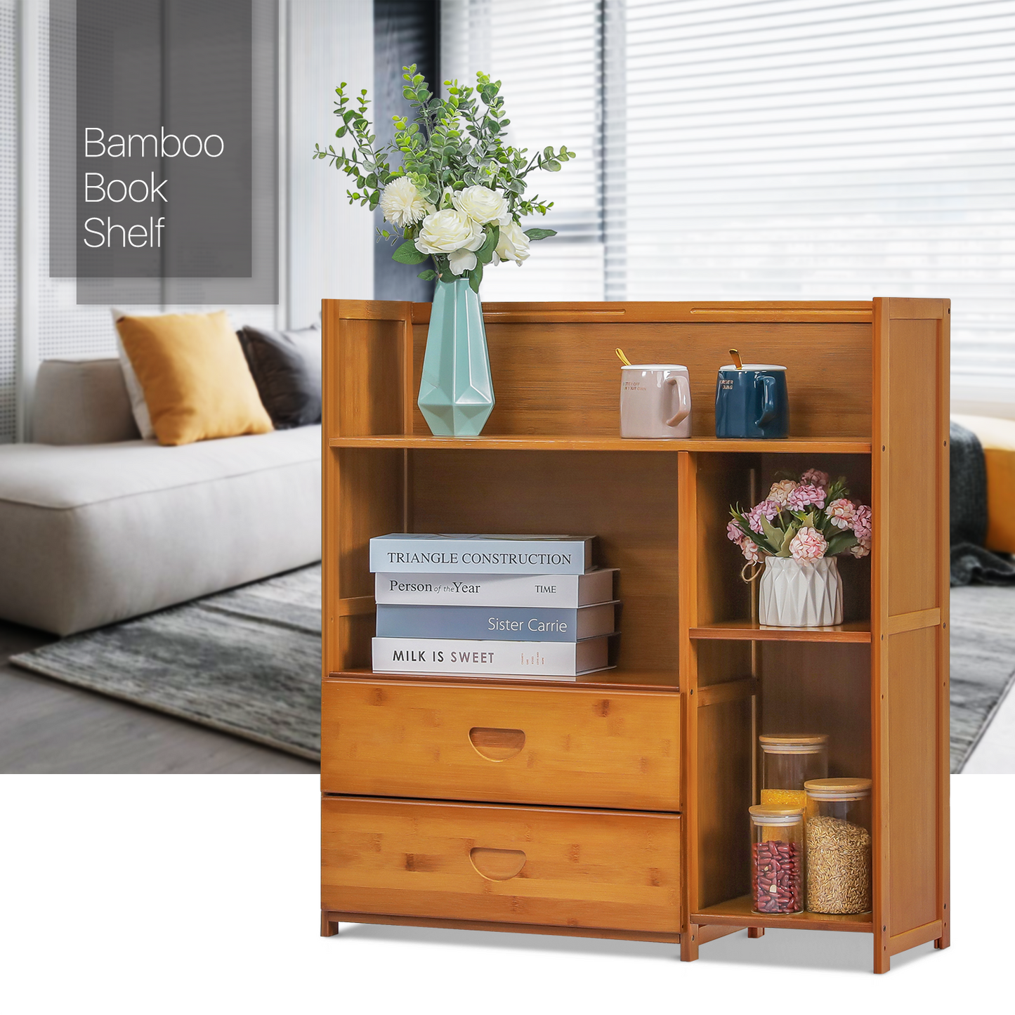 Multi-Functional Storage Organizer Shelf - Open Top - with Compartment Panel & Drawer - 3 Tier - Brown