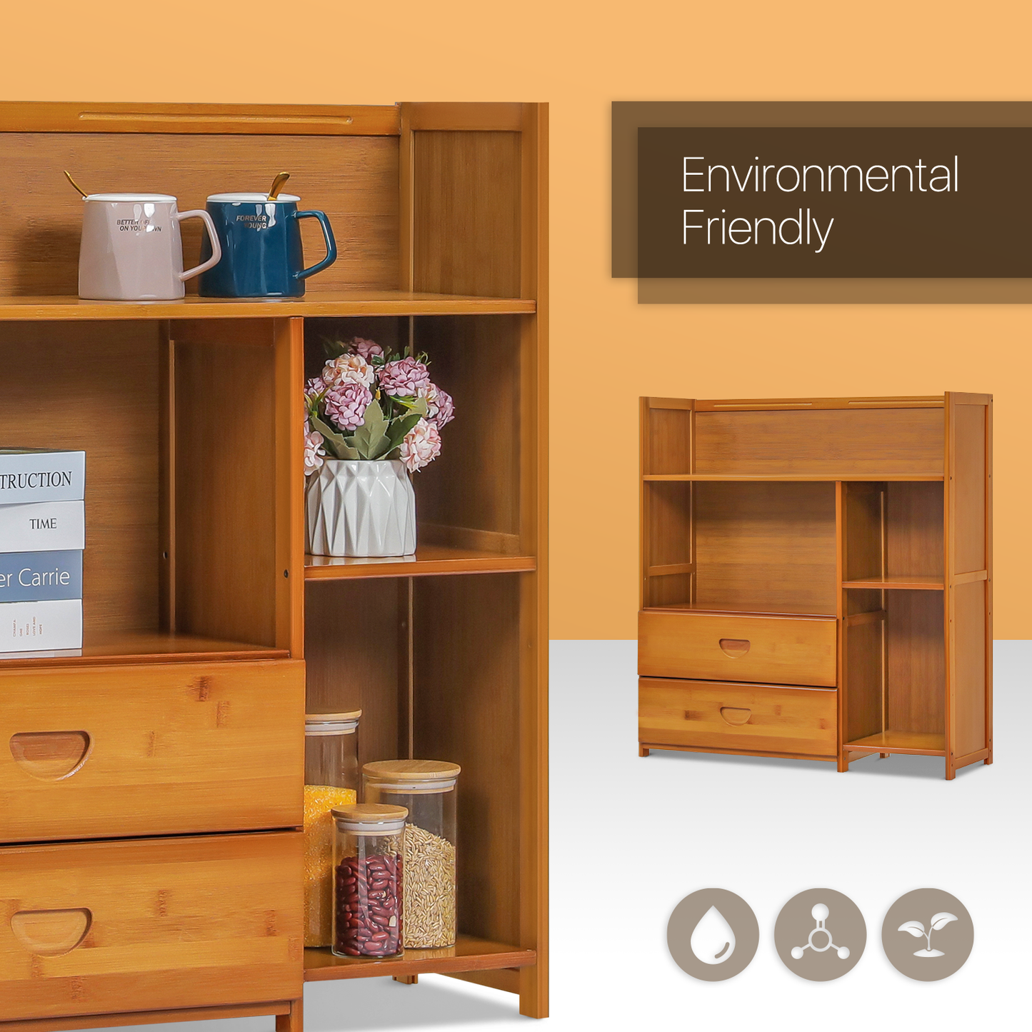 Multi-Functional Storage Organizer Shelf - Open Top - with Compartment Panel & Drawer - 3 Tier - Brown