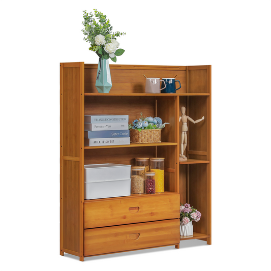 Multi-Functional Storage Organizer Shelf - Open Top - with Compartment Panel & Drawer - 4 Tier - Brown