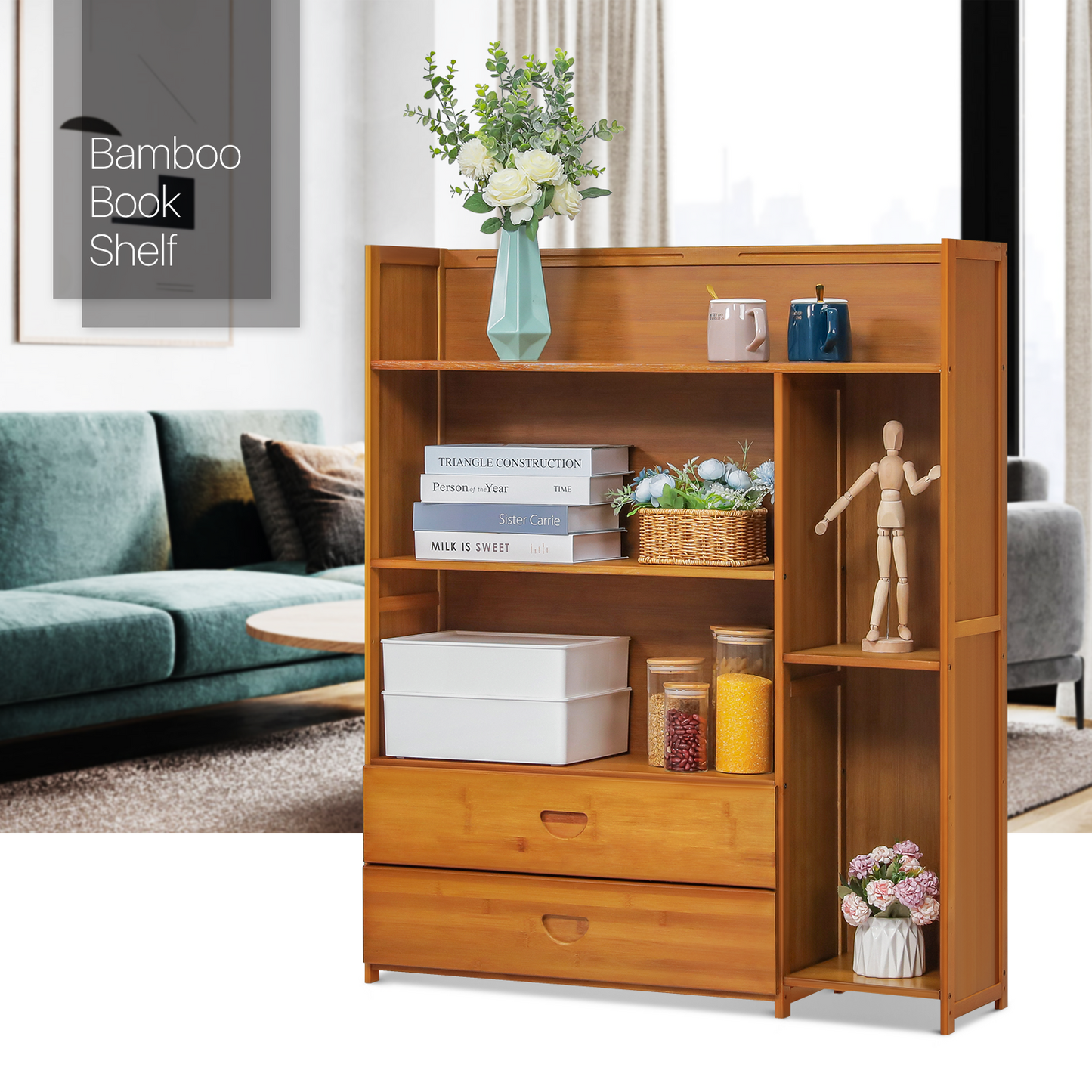 Multi-Functional Storage Organizer Shelf - Open Top - with Compartment Panel & Drawer - 4 Tier - Brown