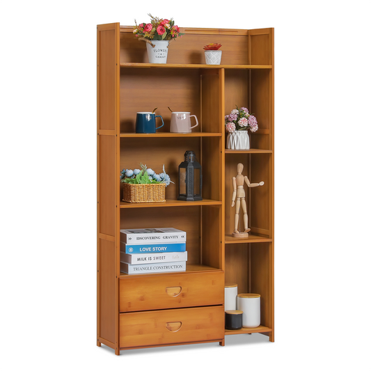 Multi-Functional Storage Organizer Shelf - Open Top - with Compartment Panel & Drawer - 5 Tier - Brown