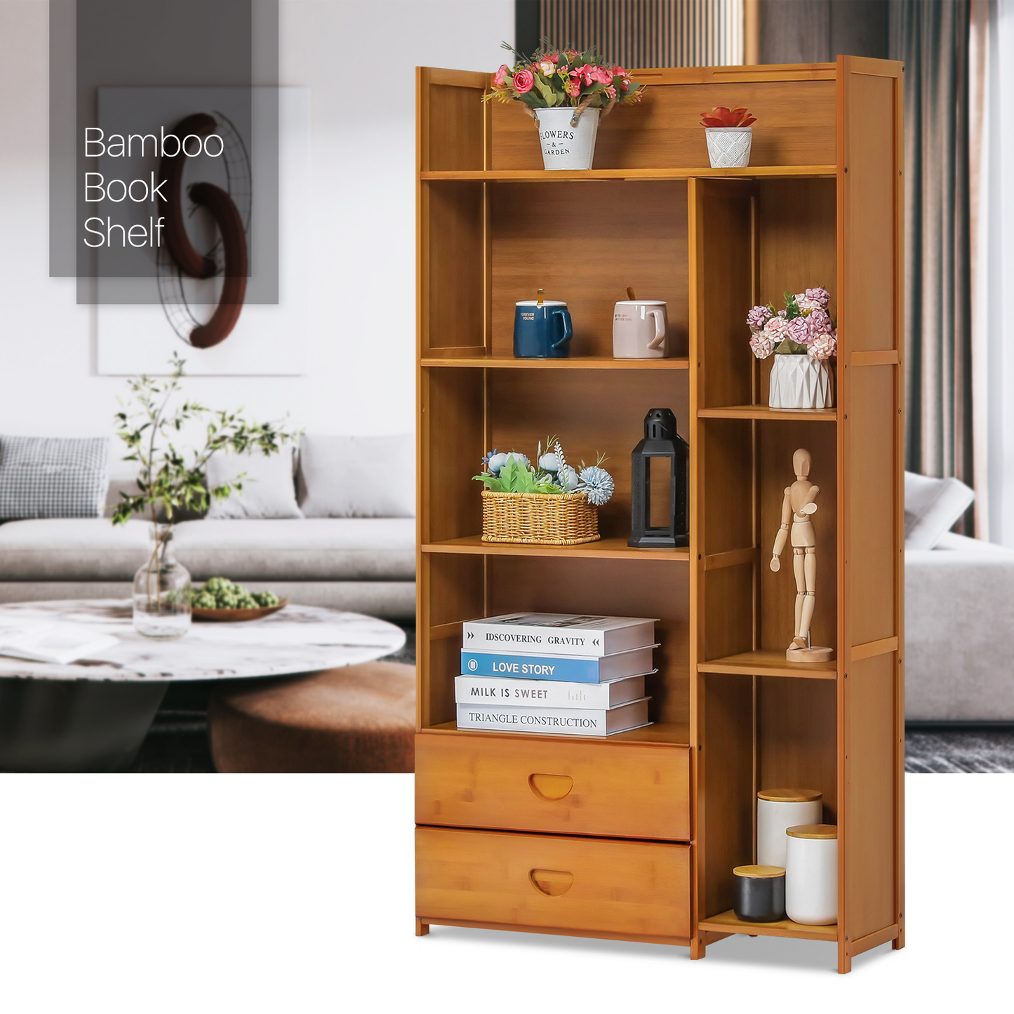 Multi-Functional Storage Organizer Shelf - Open Top - with Compartment Panel & Drawer - 5 Tier - Brown