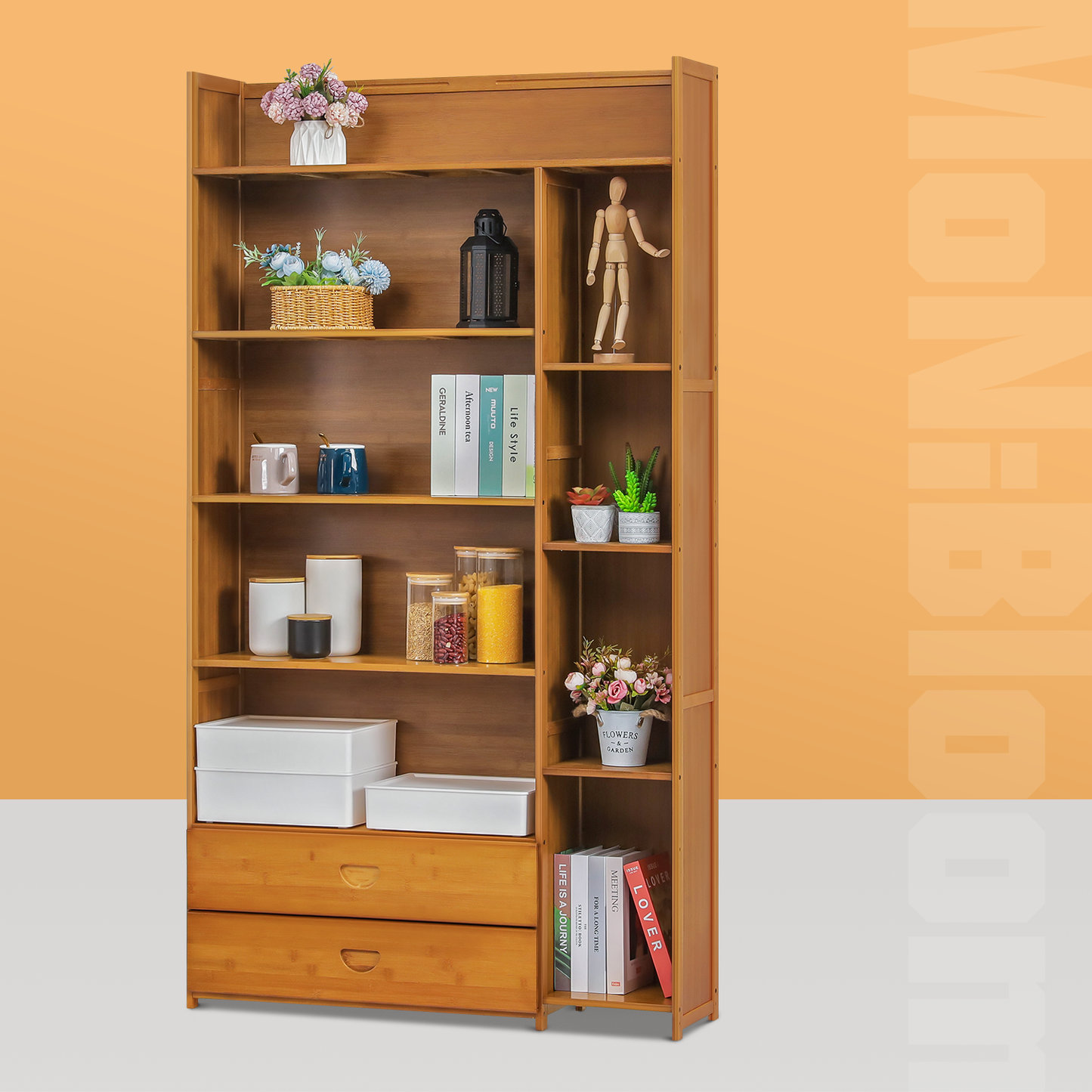Multi-Functional Storage Organizer Shelf - Open Top - with Compartment Panel & Drawer - 6 Tier - Brown