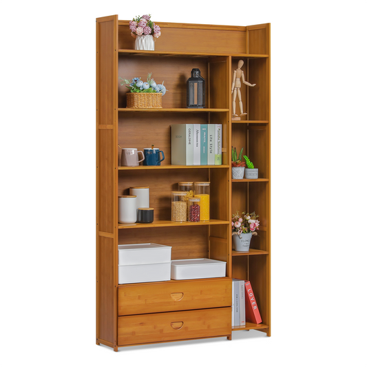 Multi-Functional Storage Organizer Shelf - Open Top - with Compartment Panel & Drawer - 6 Tier - Brown