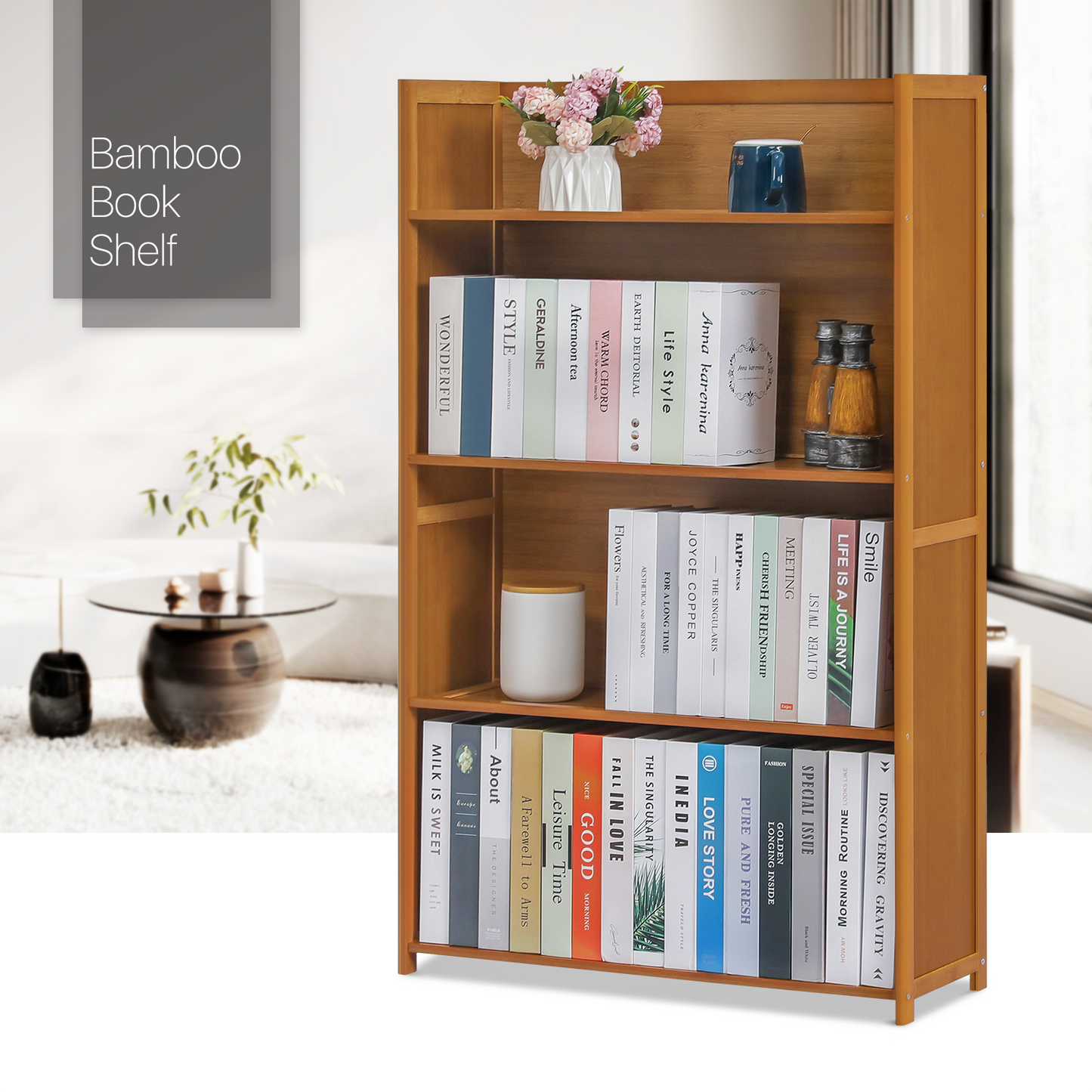 Simplified Multi-Functional Bookshelf - Open Top - 4 Tier - Brown