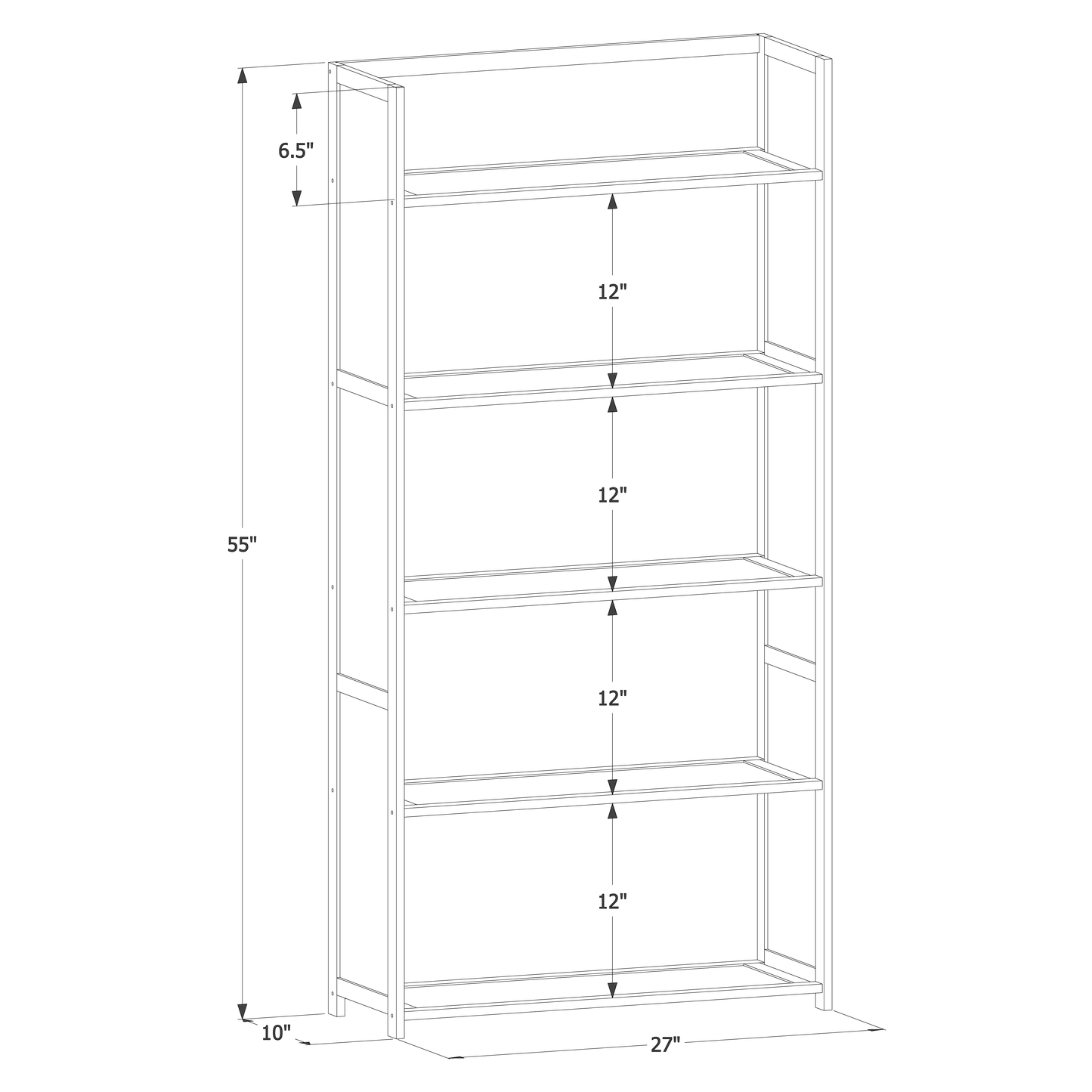 Simplified Multi-Functional Bookshelf - Open Top - 5 Tier - Brown