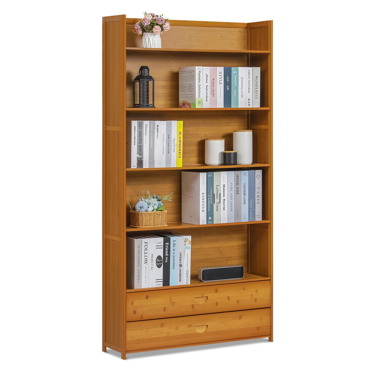 Simplified Multi-Functional Bookshelf - Open Top - with Drawer - 6 Tier - Brown