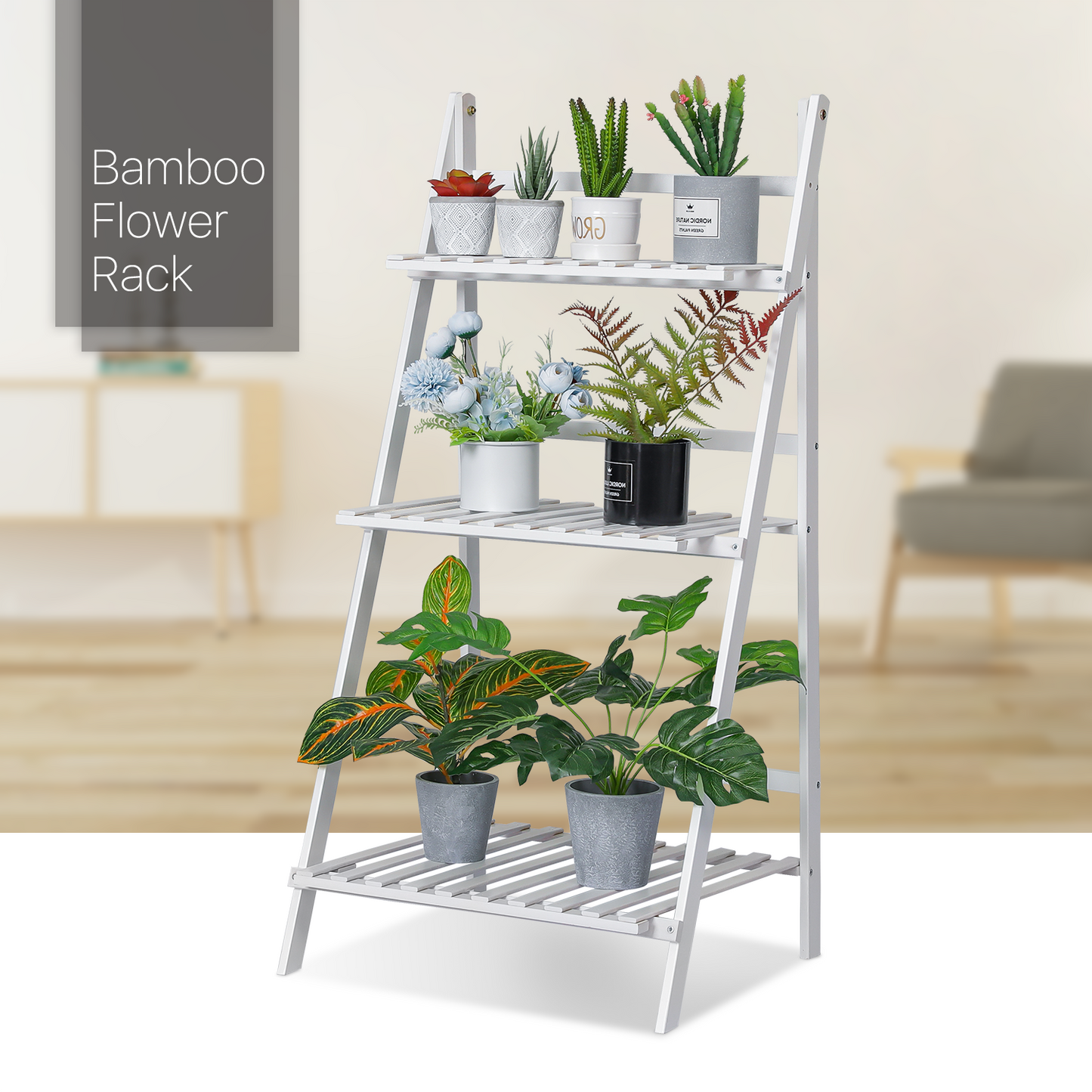 Foldable Flower Plant Rack - A Frame Stand Shelf - 3 Tier - White