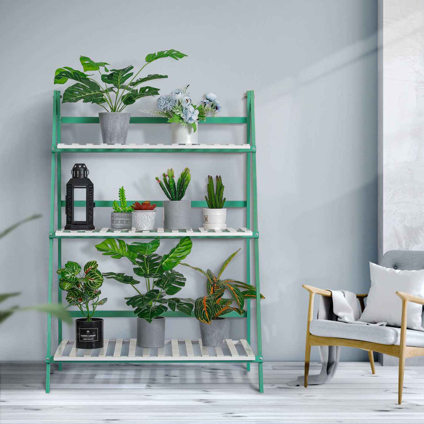 Foldable Flower Plant Rack - A Frame Stand Shelf - 3 Tier - Green/White