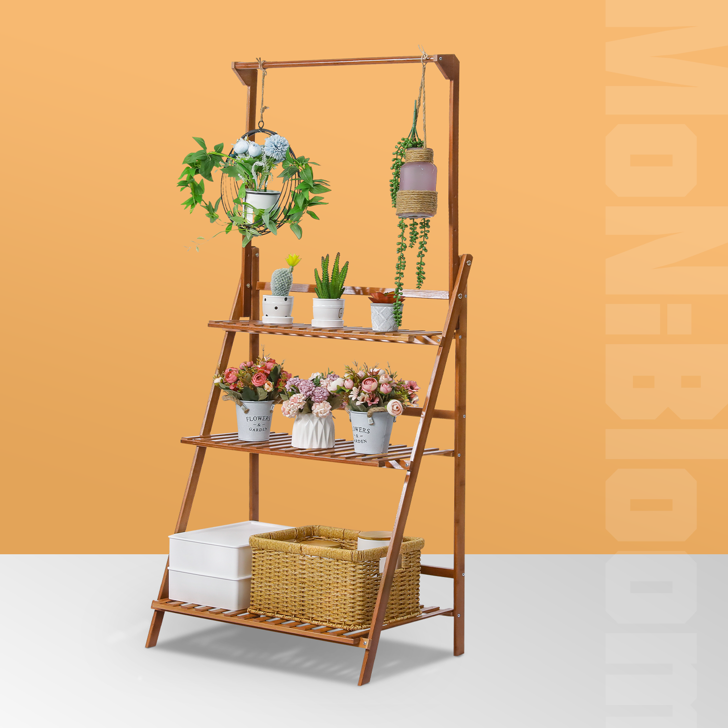 Foldable Flower Plant Rack - A Frame Stand Shelf - with Top Hanging Rod - 3 Tier - Brown