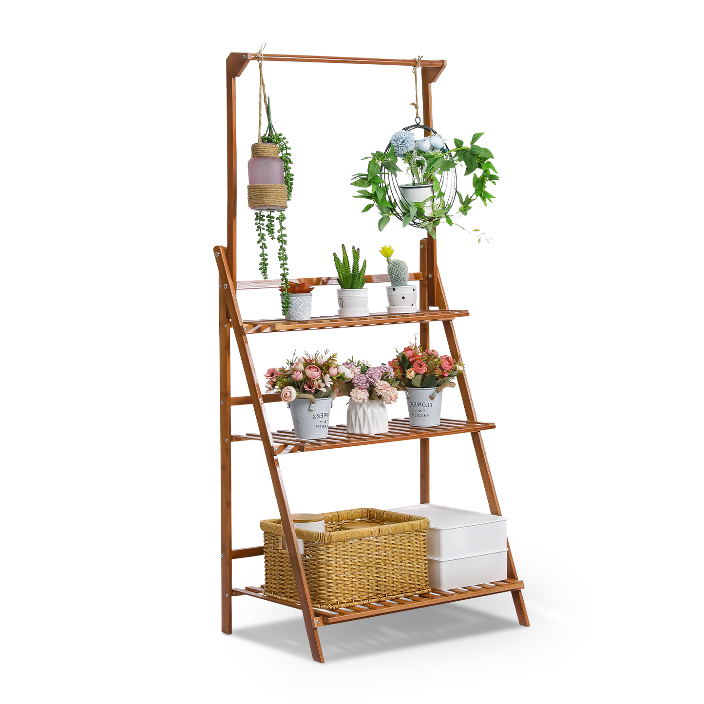 Foldable Flower Plant Rack - A Frame Stand Shelf - with Top Hanging Rod - 3 Tier - Brown