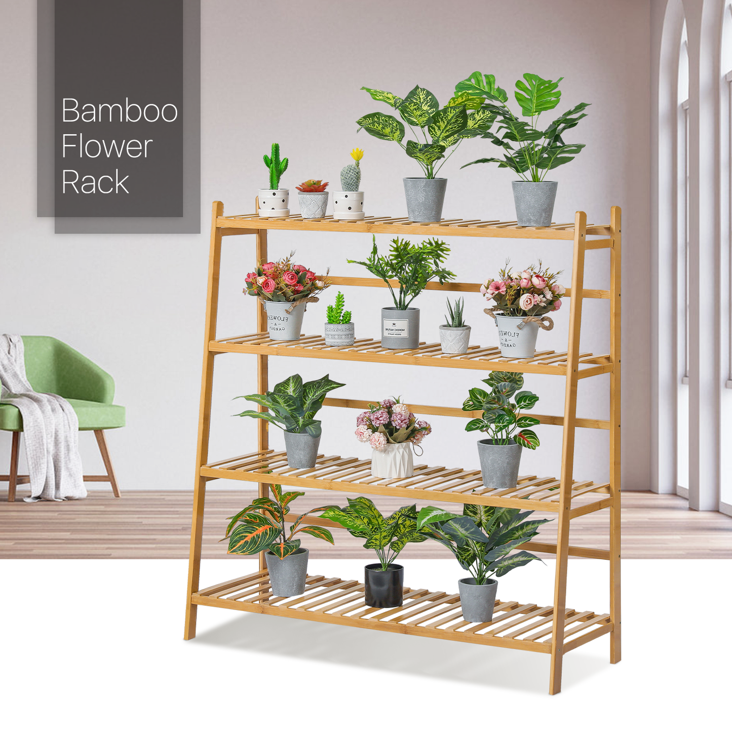 Trapezoid Flower Plant Rack - 4 Tier - Natural