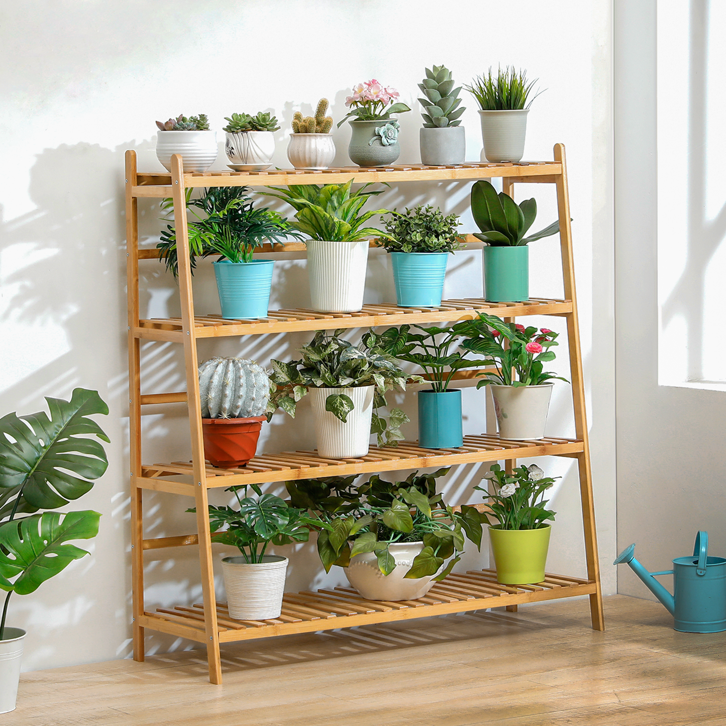 Trapezoid Flower Plant Rack - 4 Tier - Natural