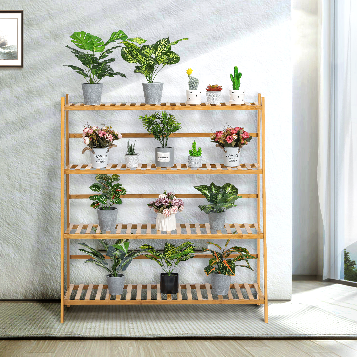 Trapezoid Flower Plant Rack - 4 Tier - Natural