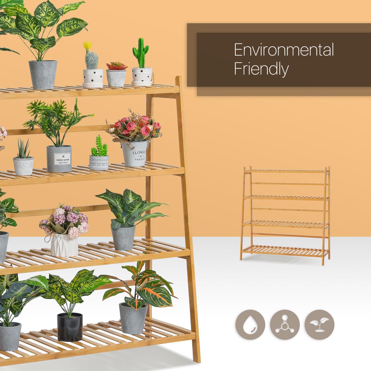 Trapezoid Flower Plant Rack - 4 Tier - Natural