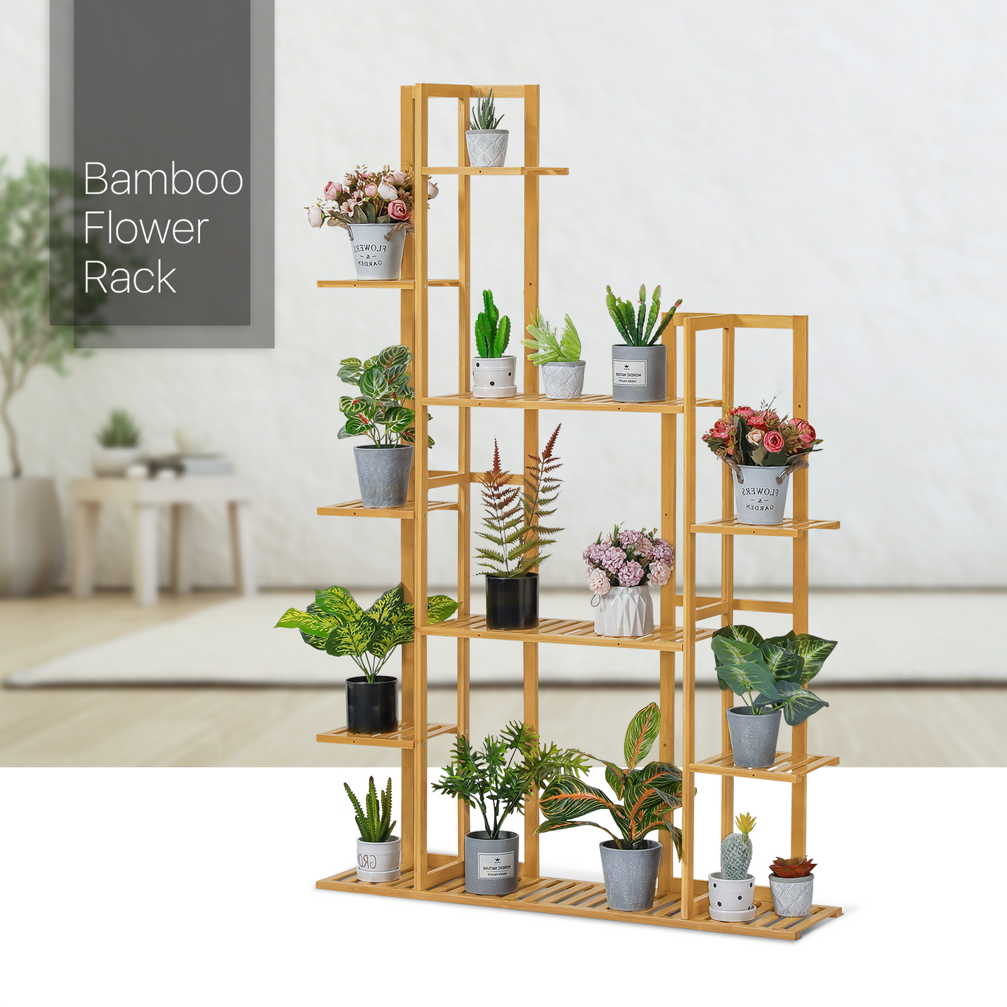 Flower Plant Stand Display Shelf - 14 Potted Plant Holder - Natural