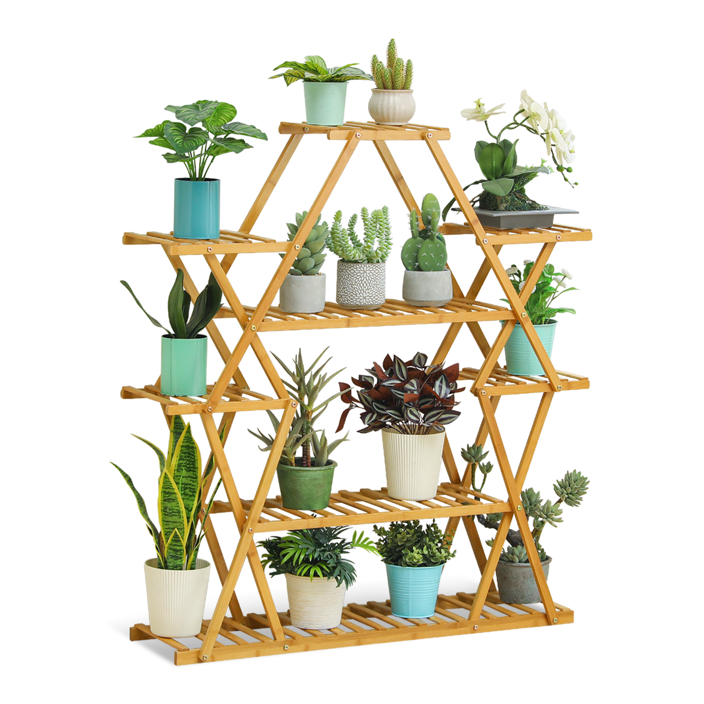 Flower Plant Stand Display Shelf - Zip-Zag Layer - 13 Potted Plant Holder - Natural
