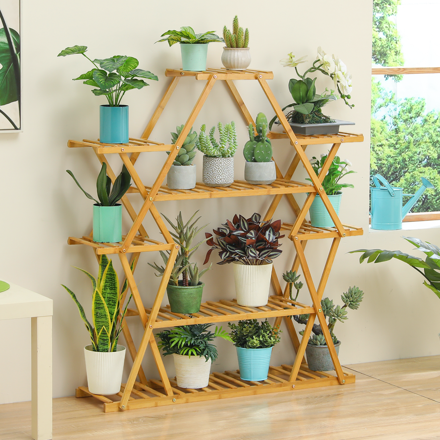 Flower Plant Stand Display Shelf - Zip-Zag Layer - 13 Potted Plant Holder - Natural