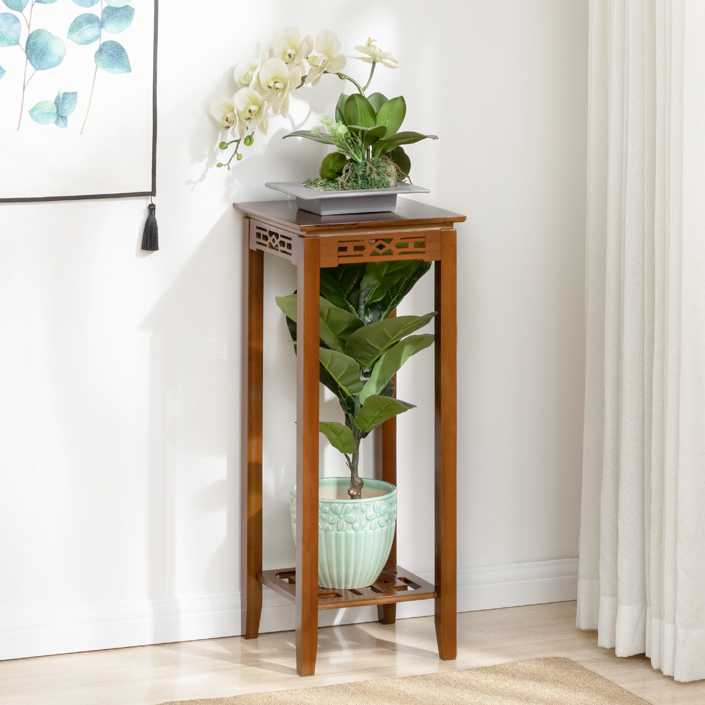 Oriental Vintage Flower Plant Stand - Antique Frame Display Shelf - Square Holder