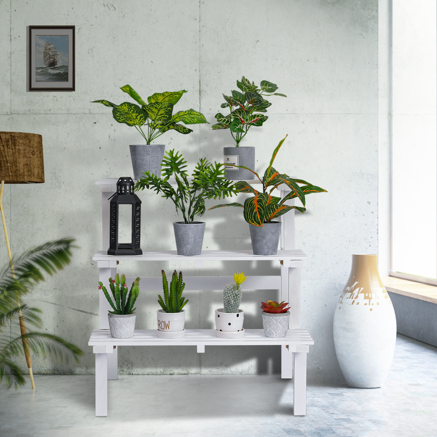 Garden Flower Plant Display Shelf - Stair Style - White