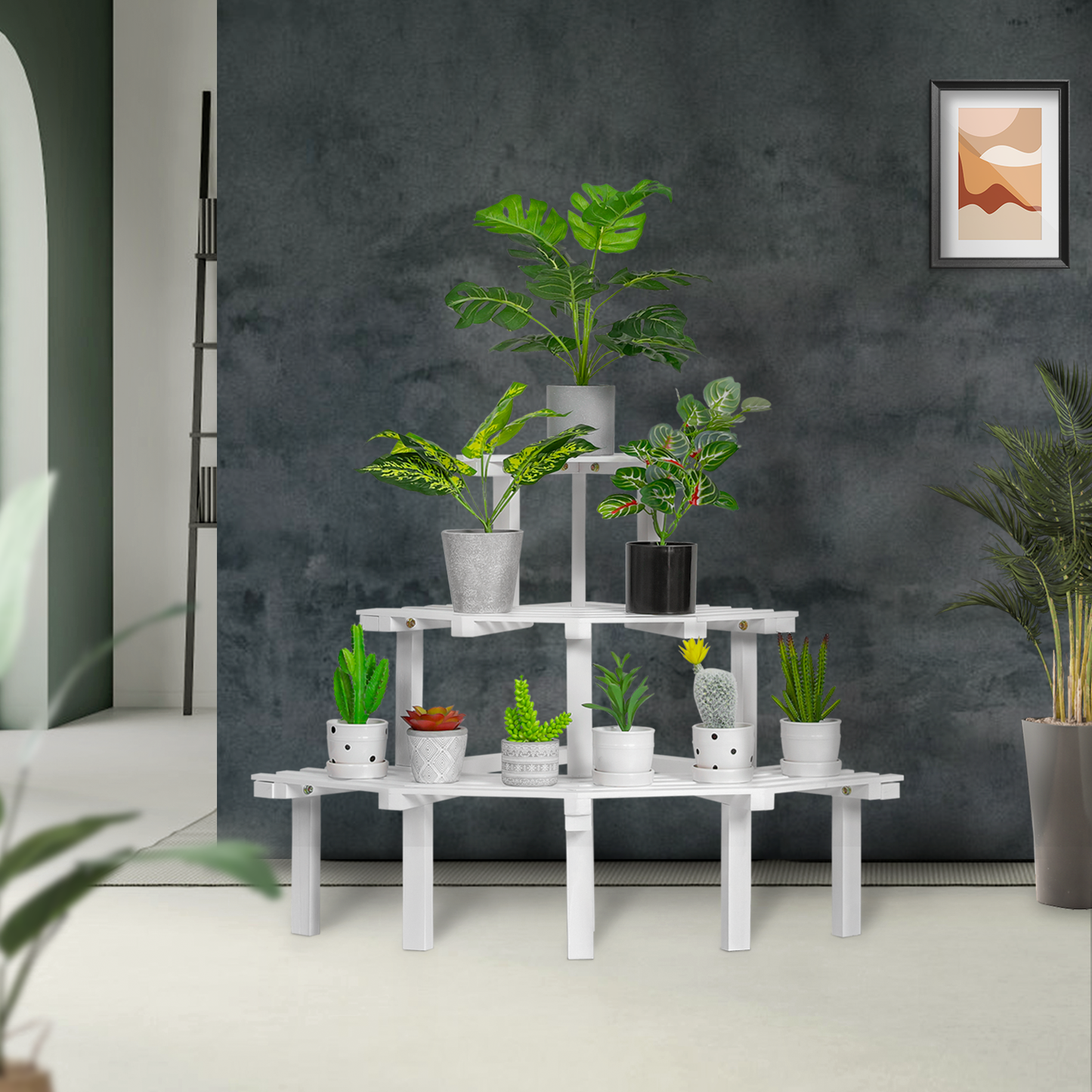 Garden Flower Plant Coner Display Shelf - Stair Style - White