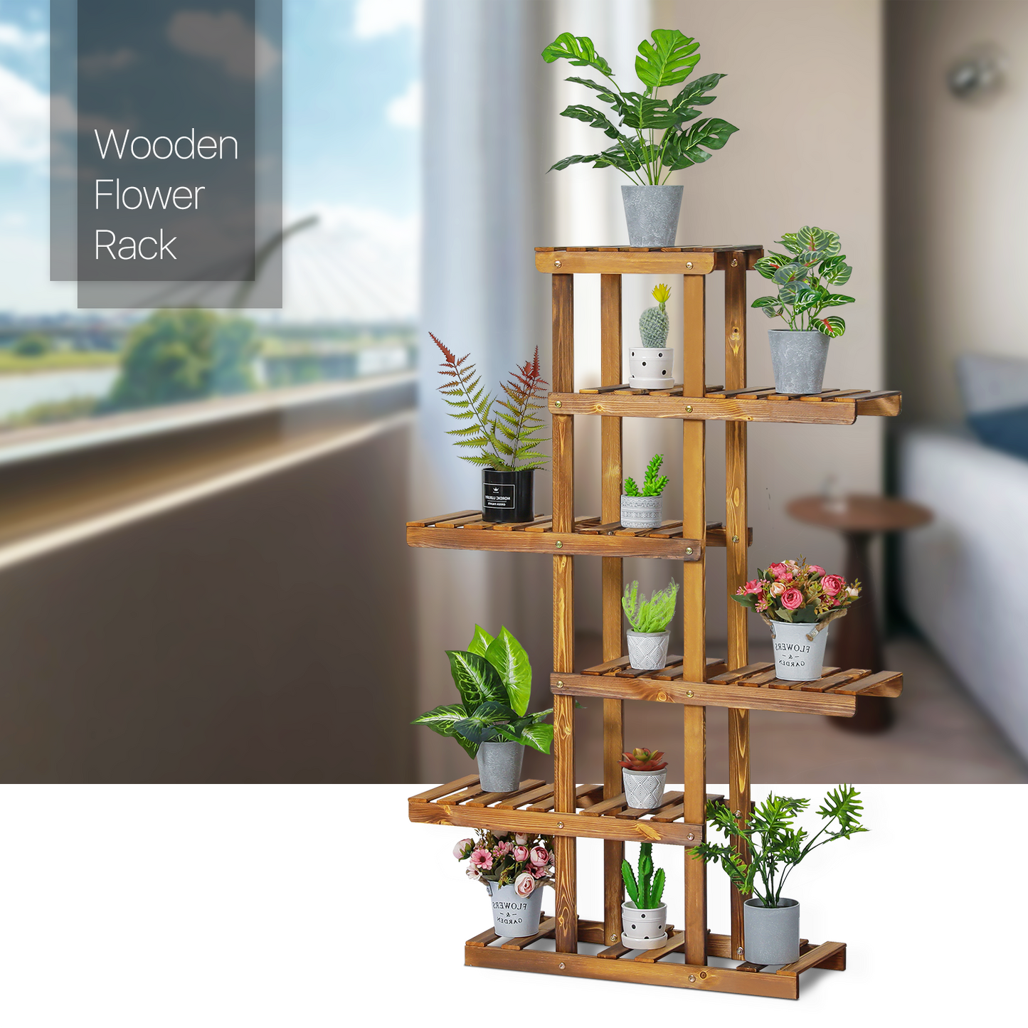 Flower Plant Stand Display Shelf - Zip-Zag Layer - 6 Tier - Carbonized