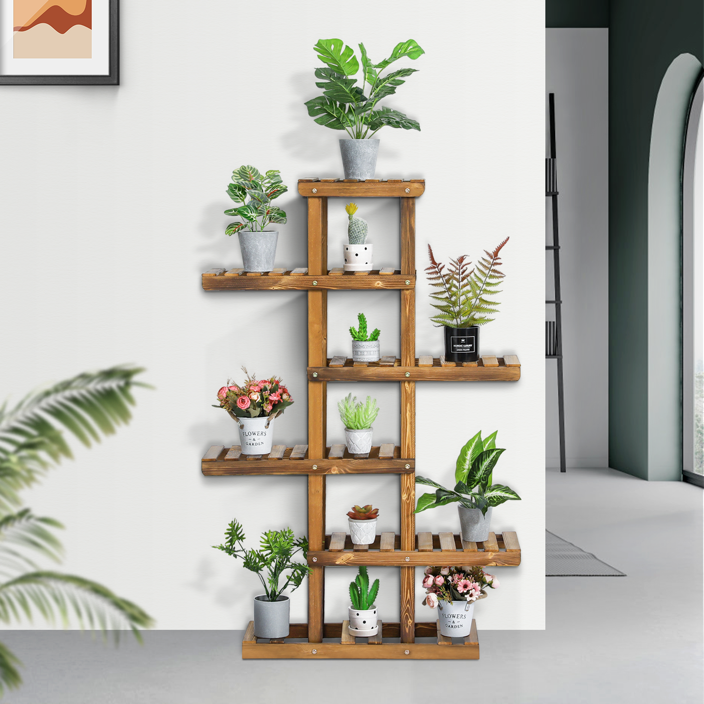 Flower Plant Stand Display Shelf - Zip-Zag Layer - 6 Tier - Carbonized