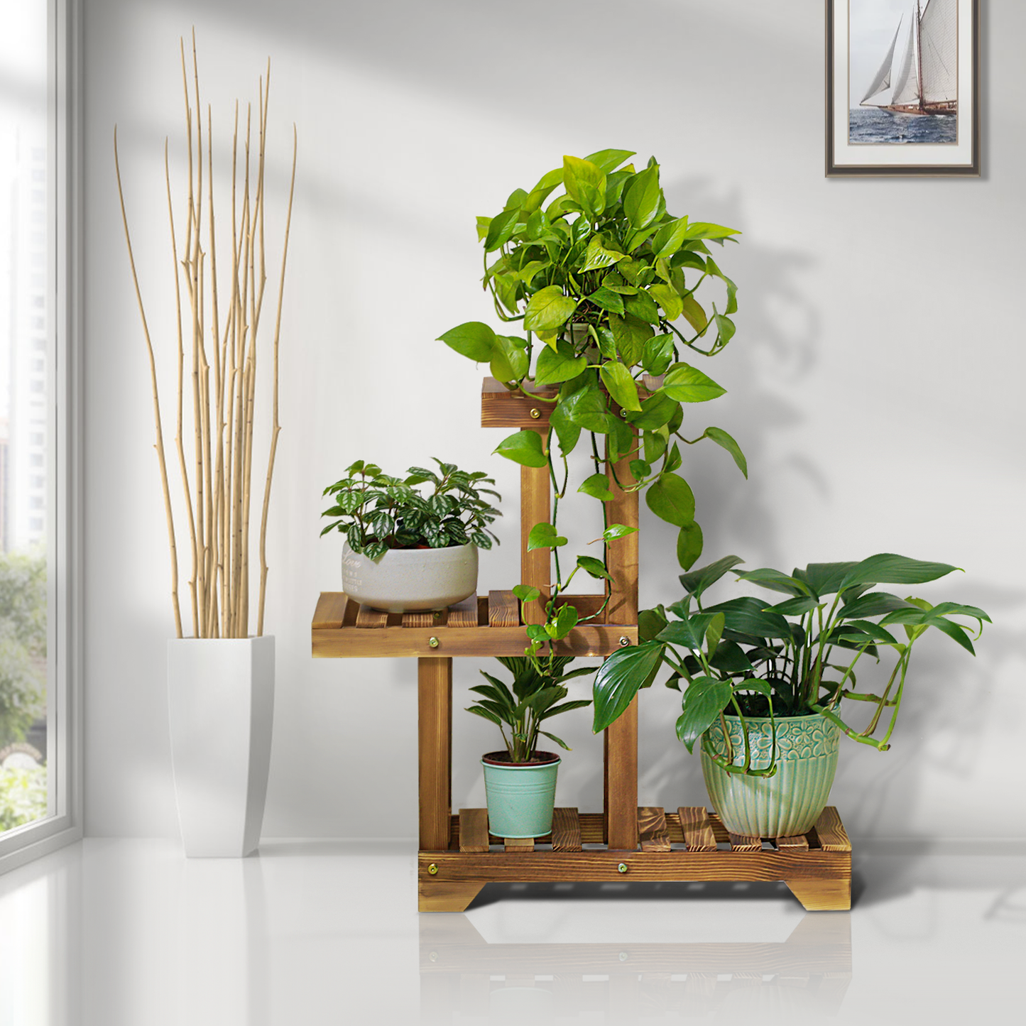 Flower Plant Stand Display Shelf - 4 Potted Plant Holder - Carbonized