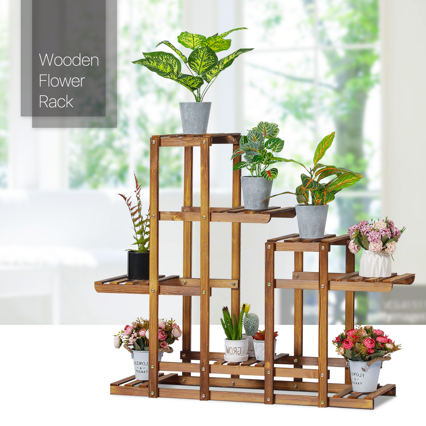 Flower Plant Stand Display Shelf - 8 Potted Plant Holder - Carbonized