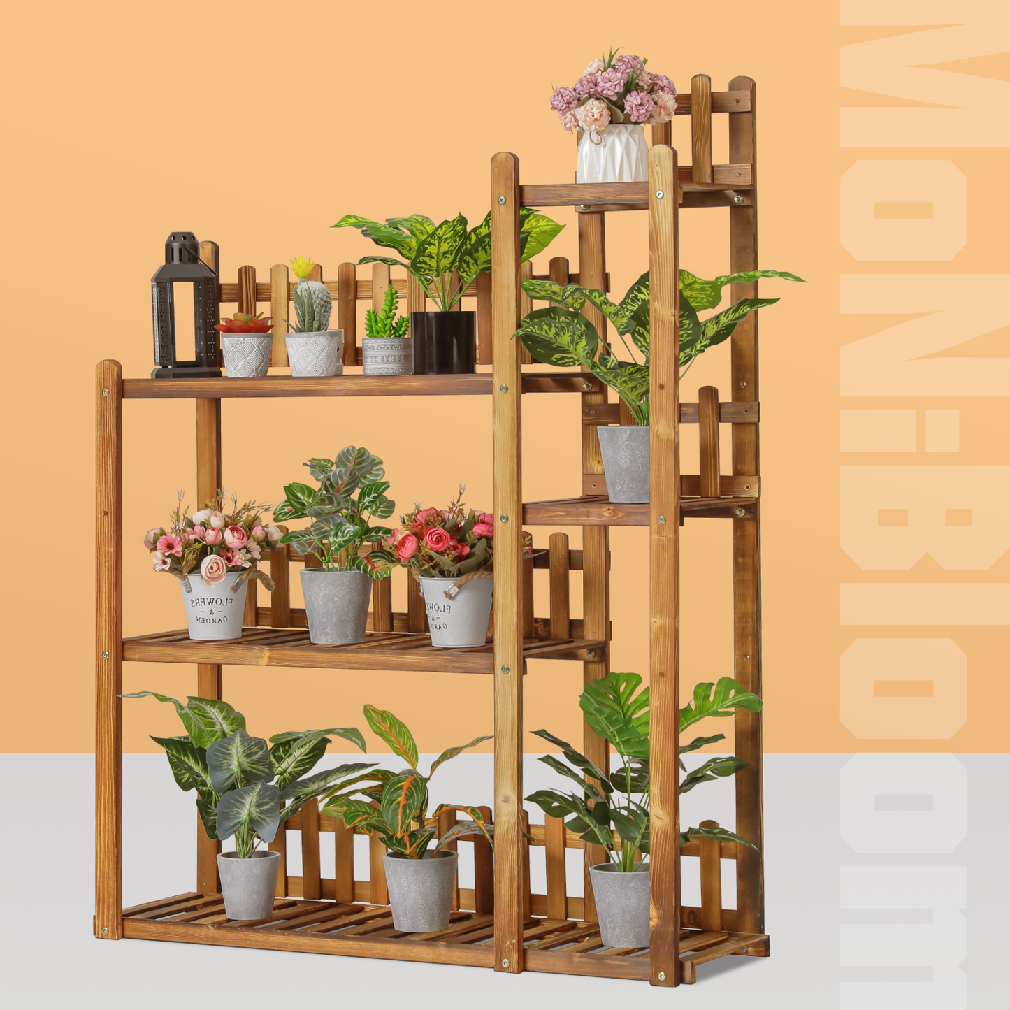 Flower Plant Stand Display Shelf - 9 Potted Plant Holder - with Fence - Carbonized