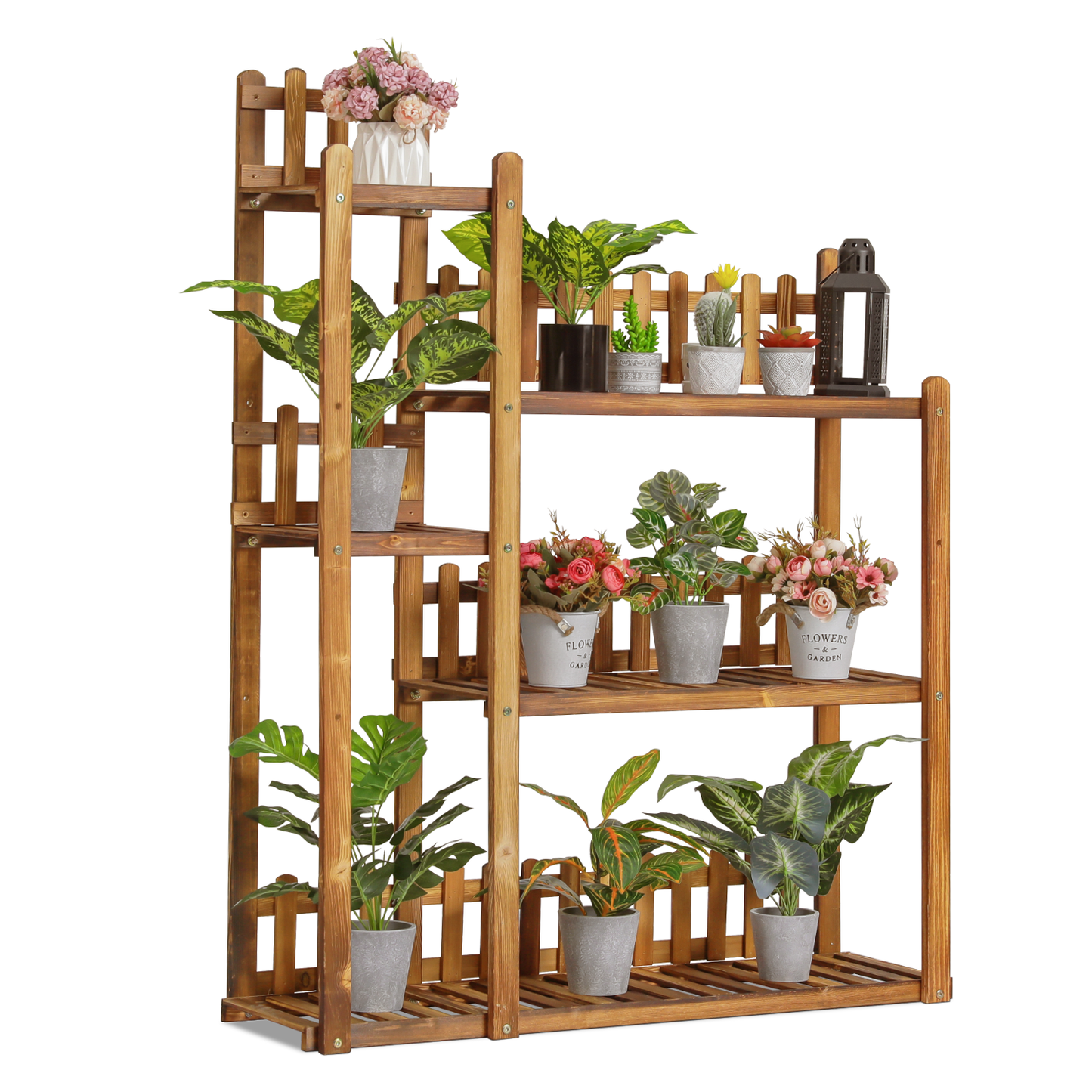 Flower Plant Stand Display Shelf - 9 Potted Plant Holder - with Fence - Carbonized
