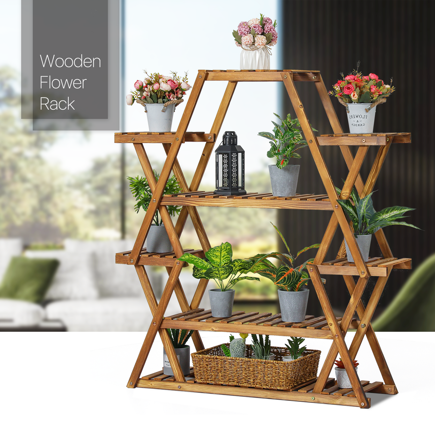 Flower Plant Stand Display Shelf - Zip-Zag Layer - 13 Potted Plant Holder - Carbonized