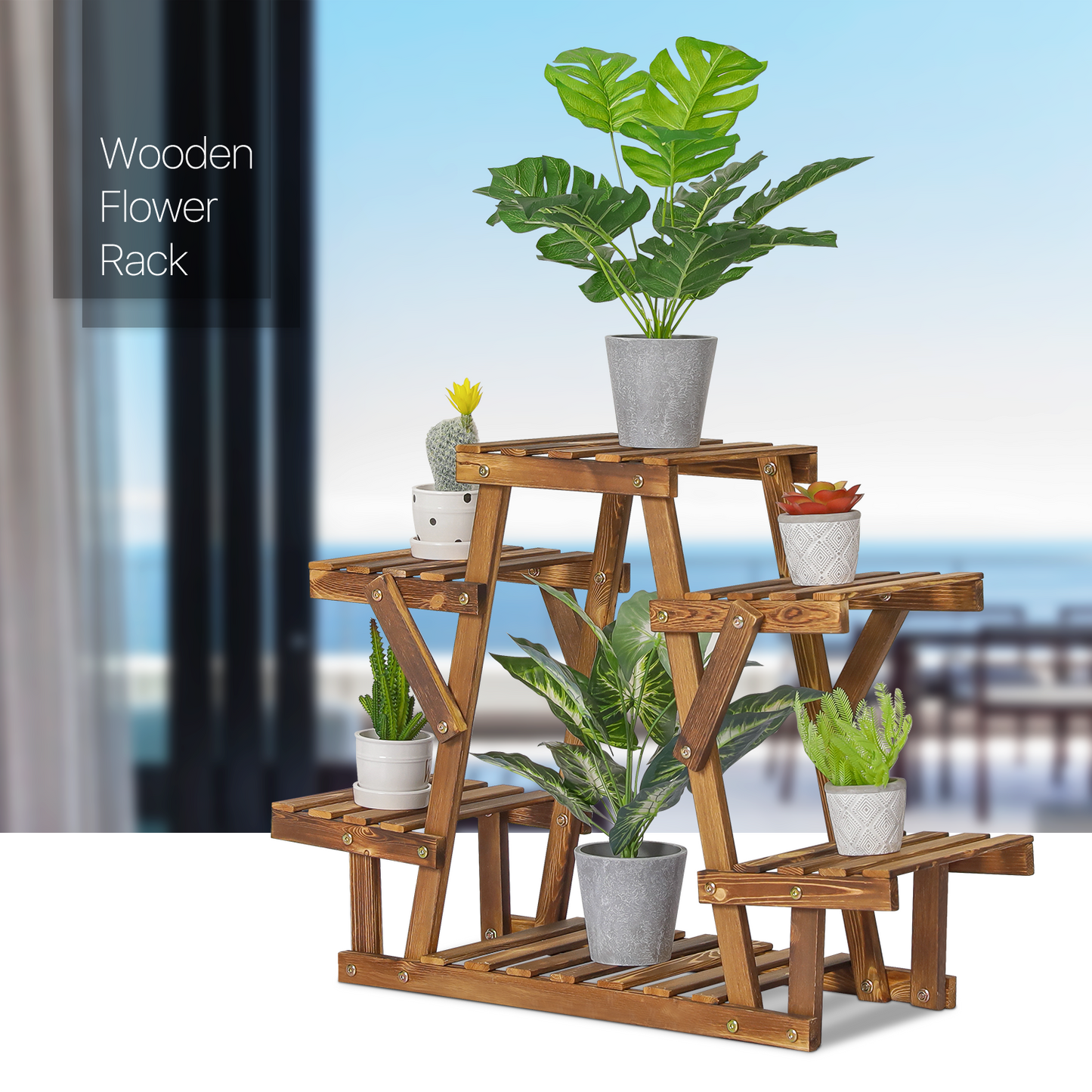 Flower Plant Stand Display Shelf - 6 Potted Plant Holder - Carbonized