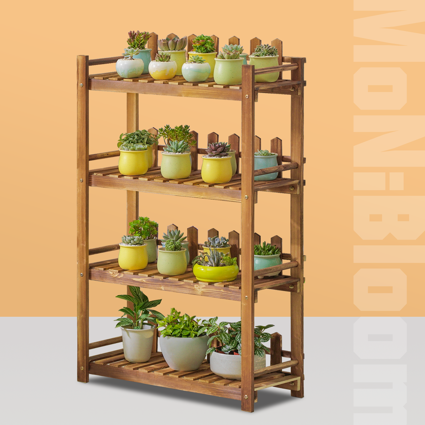 Flower Plant Stand Display Shelf - with Fence - 4 Tier - Carbonized