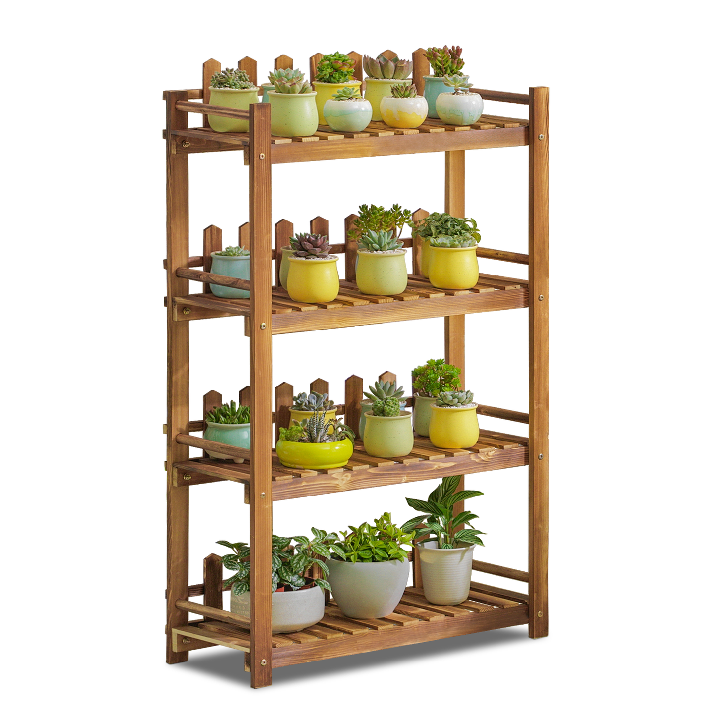 Flower Plant Stand Display Shelf - with Fence - 4 Tier - Carbonized