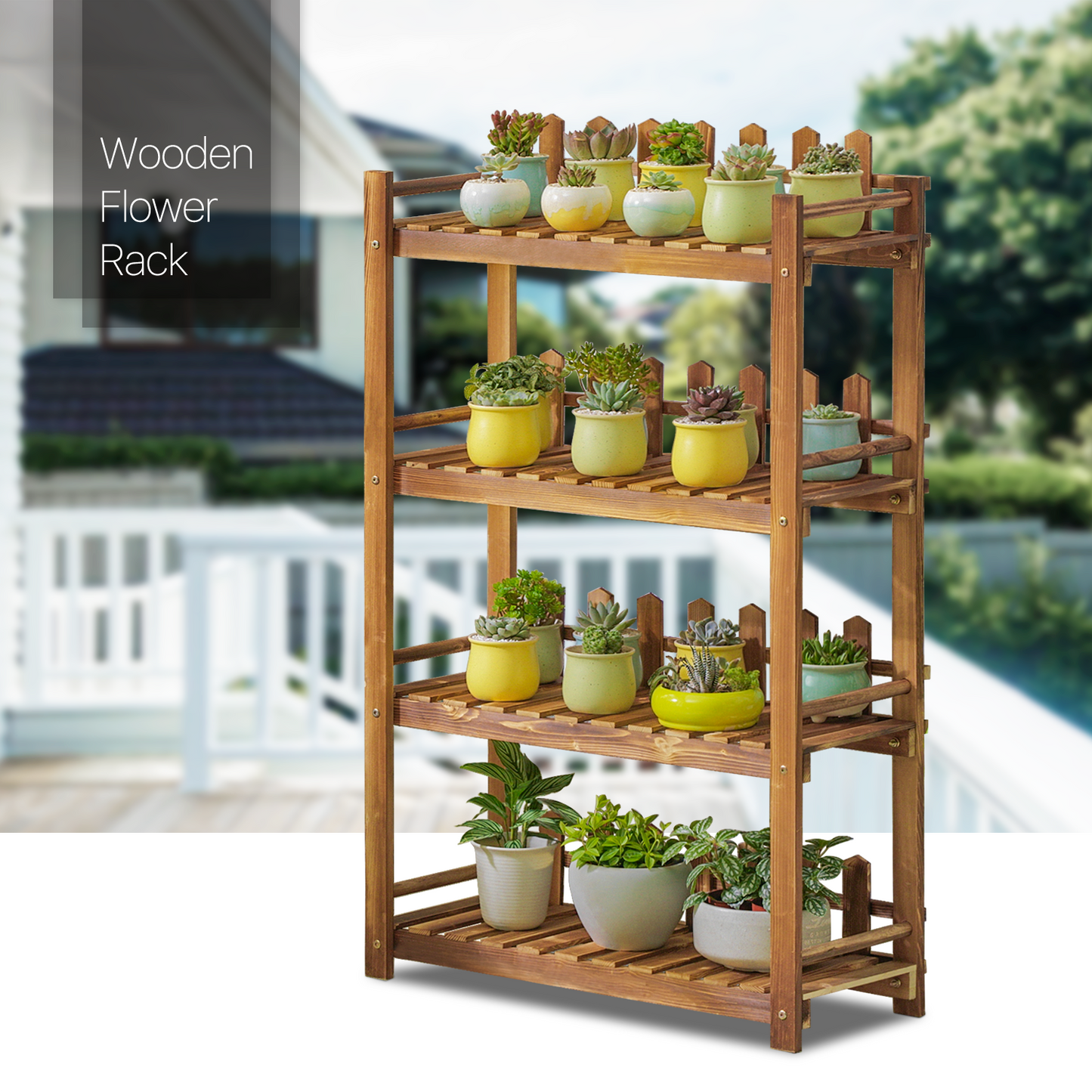 Flower Plant Stand Display Shelf - with Fence - 4 Tier - Carbonized