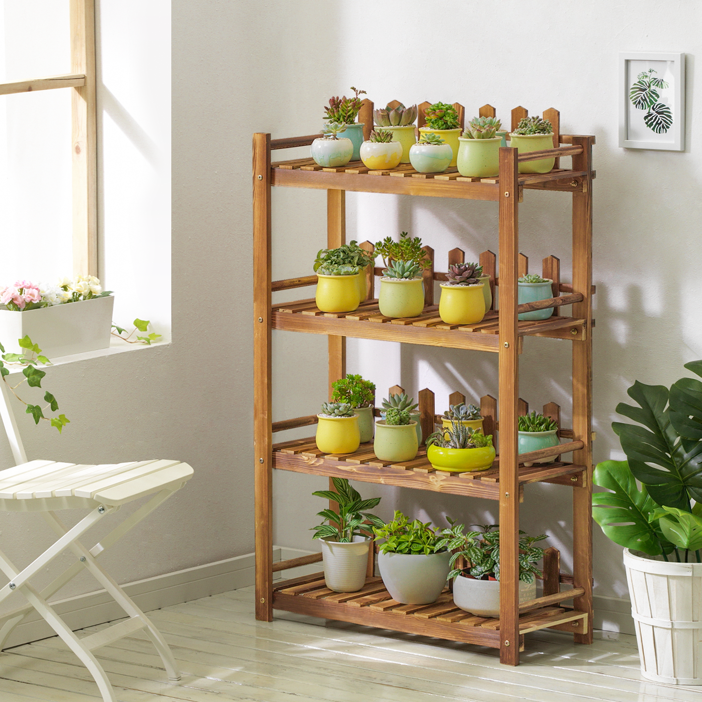 Flower Plant Stand Display Shelf - with Fence - 4 Tier - Carbonized