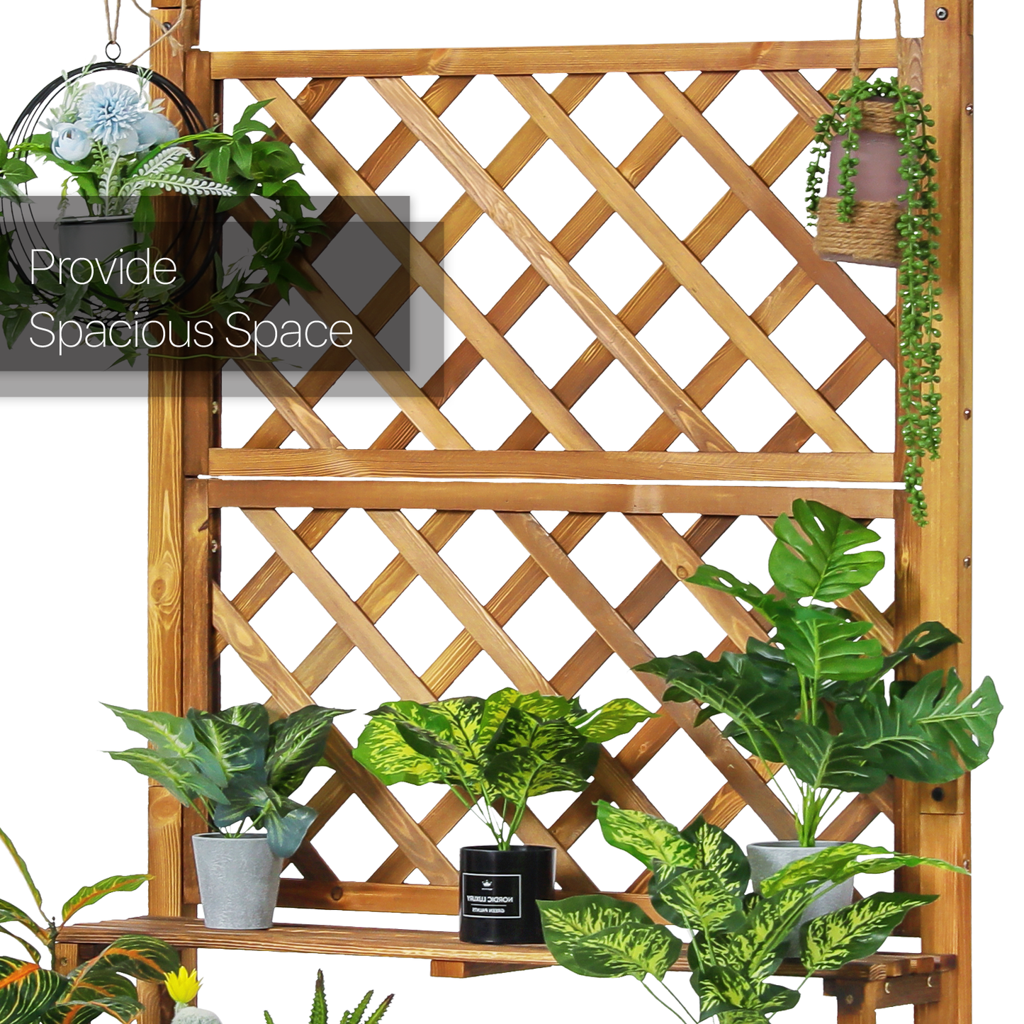 Wooden Trellis Display Stair Shelf - Arch with Hooks - 3 Tier - Carbonized