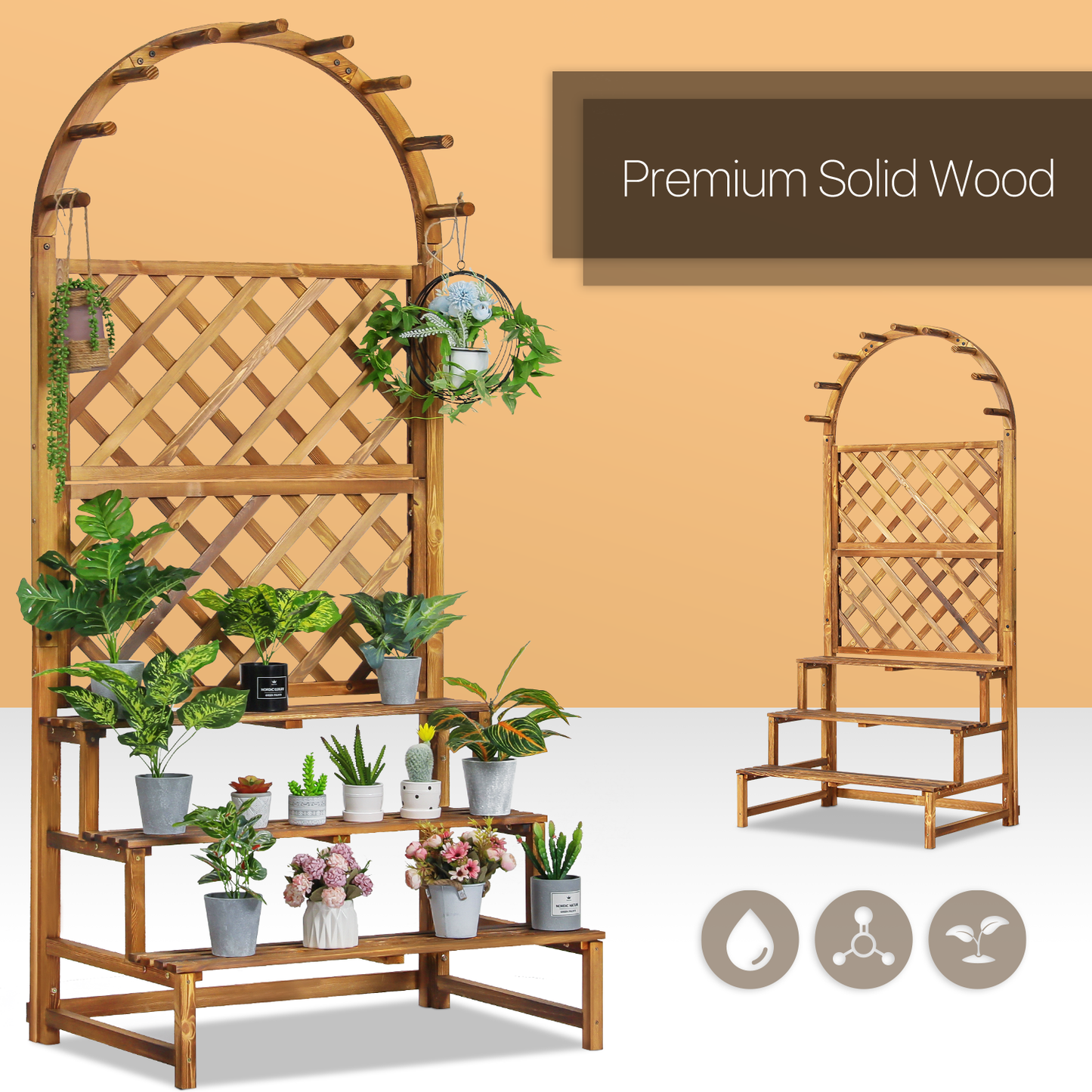 Wooden Trellis Display Stair Shelf - Arch with Hooks - 3 Tier - Carbonized