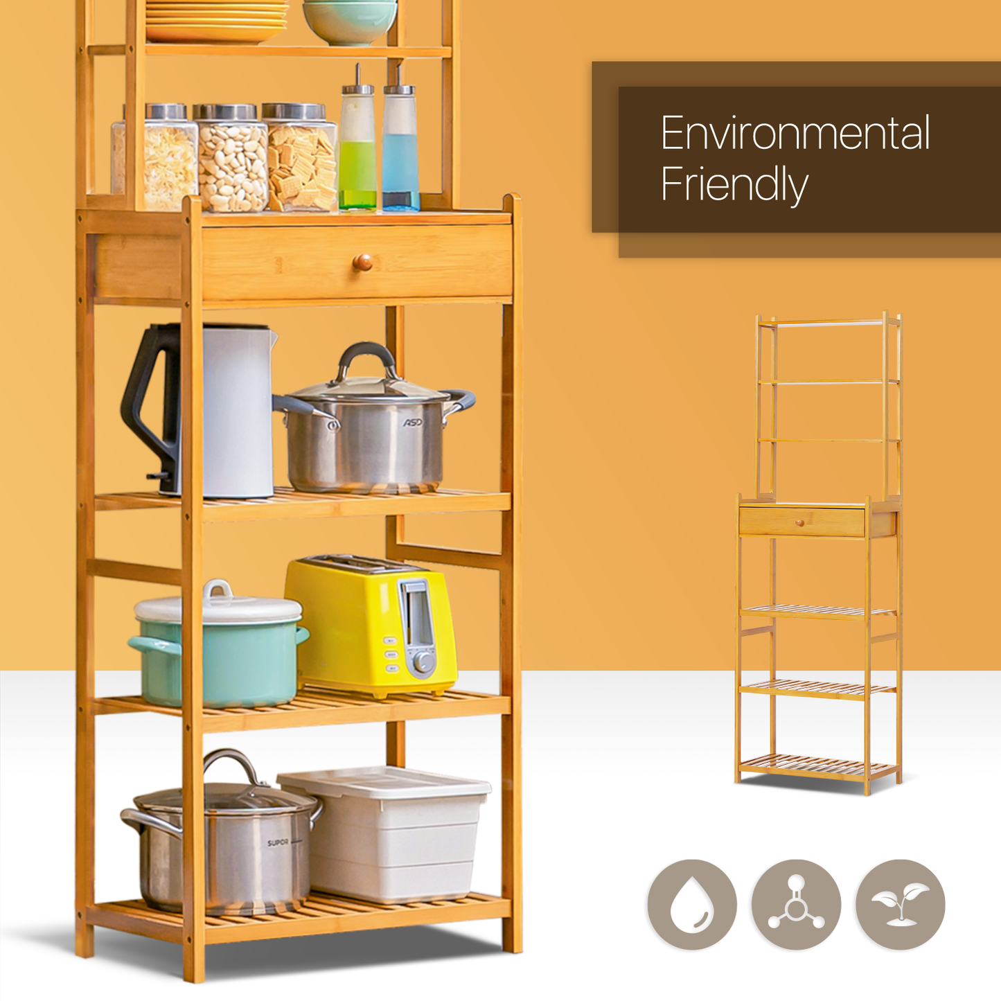 Multi-Functional Kitchen Baker's Rack - 7 Tier - with Drawer - Natural