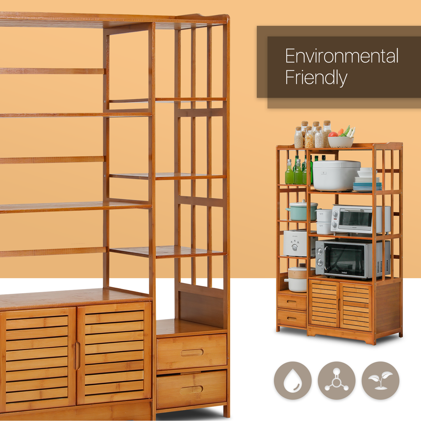 Freestanding Kitchen Cupboard - with Bottom Storage Sideboard & Drawer - 36" - Brown