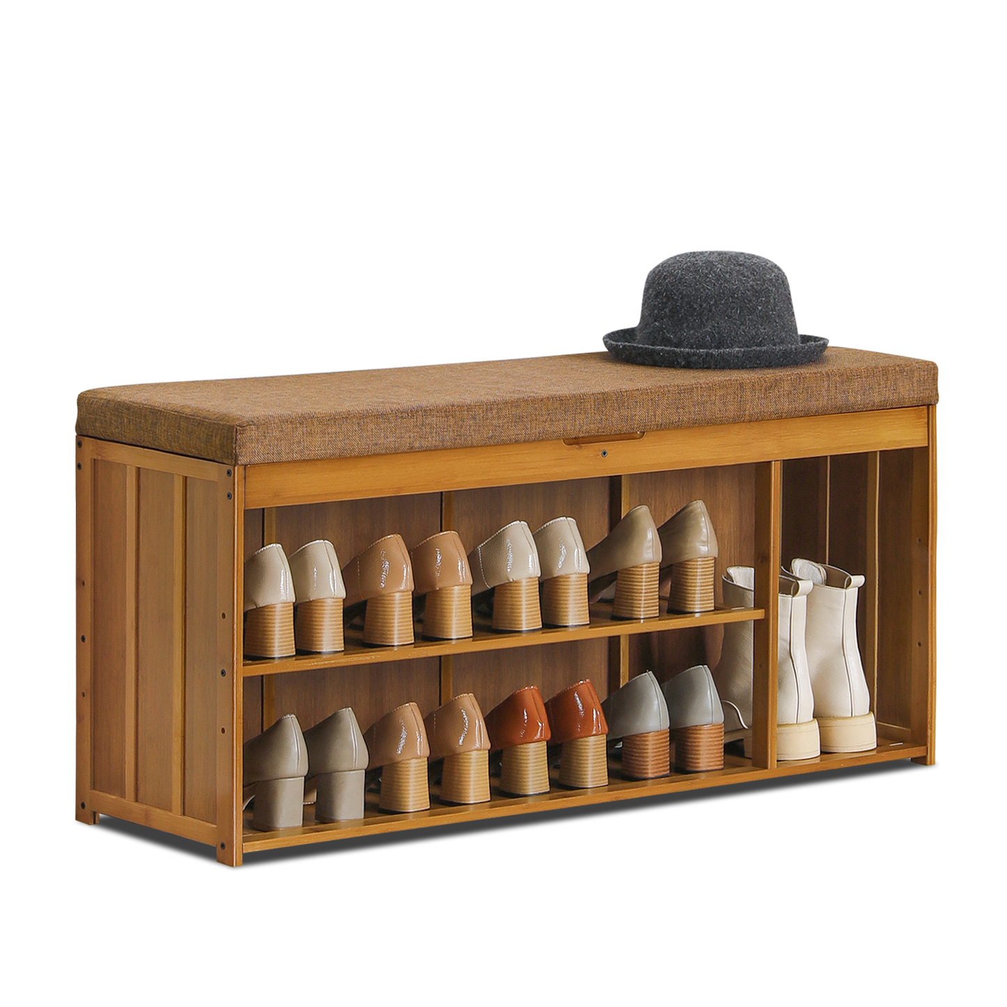 Shoe Rack Organizer Cabinet - Changing Bench - with Upholstered Flip-Open Storage - with Boots Compartment - 2 Tier - Brown